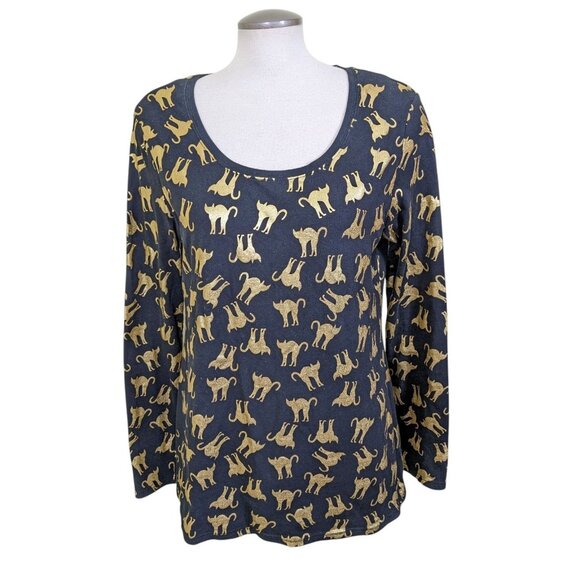 No Boundaries No Bo Black Metallic Gold Cat Print Shirt Women XL Long Sleeve - Picture 2 of 9